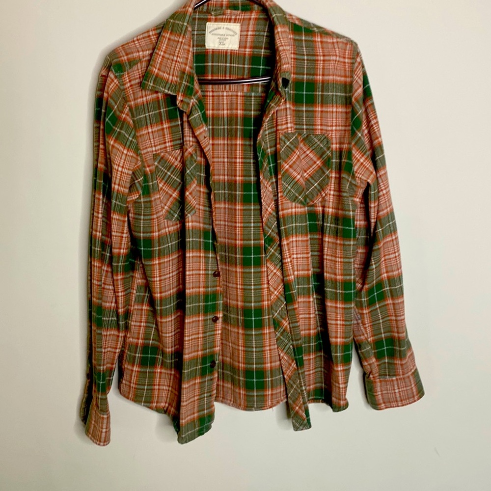 Thick Boyfriend flannel. Red/White/Green plaid.